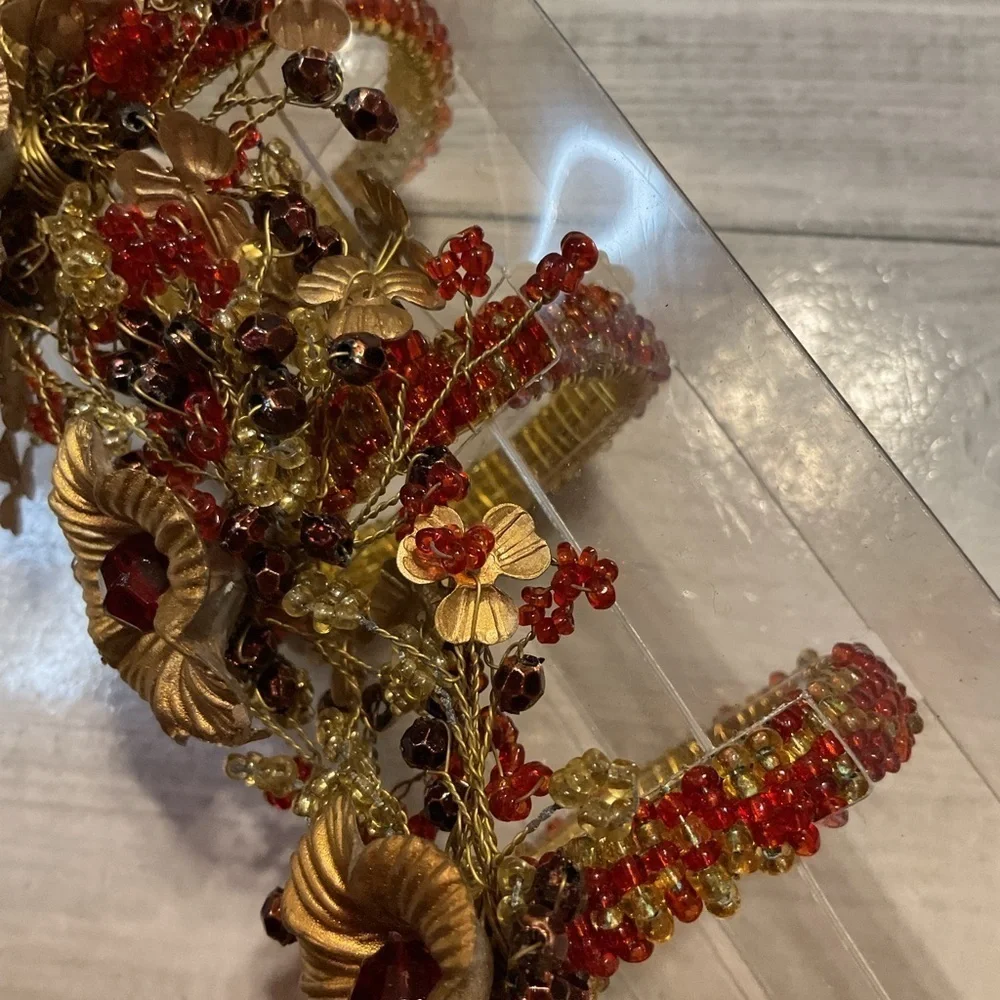 Pier 1 Gold Red Floral napkin rings kitchen decor set 4